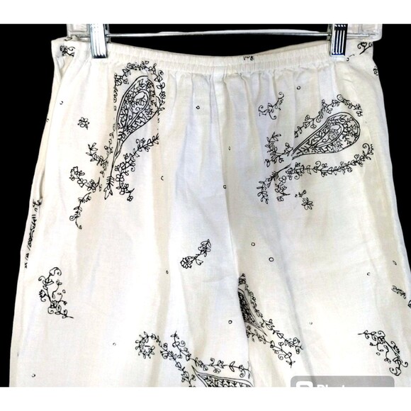 White Black Paisley Linen Size M Crop Wide Leg Clean Girl Resort Old Money - Picture 2 of 7